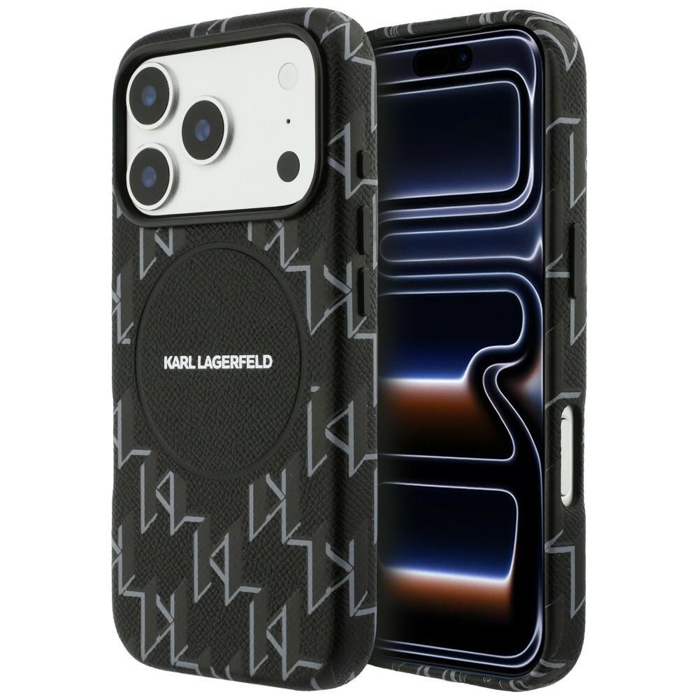 Carcasa Karl Lagerfeld Monogram cu MagSafe, neagră, pentru iPhone 17 Pro, material TPU și eco-piele