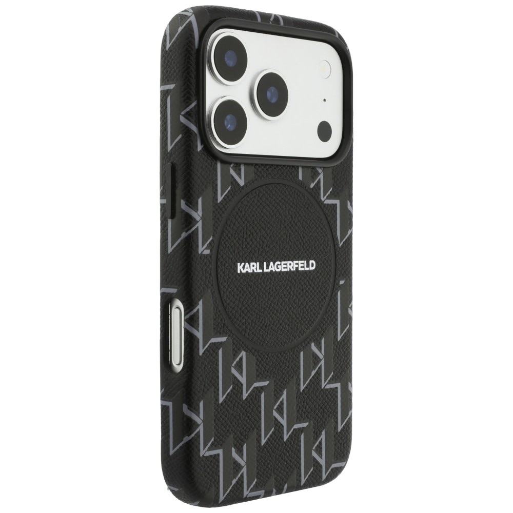 Carcasa Karl Lagerfeld Monogram cu MagSafe, neagră, pentru iPhone 17 Pro, material TPU și eco-piele