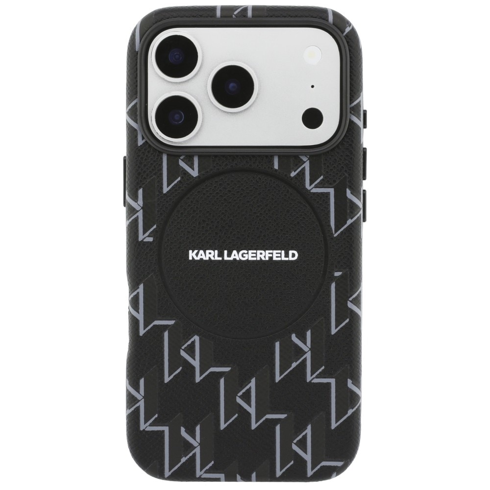 Carcasa Karl Lagerfeld Monogram cu MagSafe, neagră, pentru iPhone 17 Pro, material TPU și eco-piele