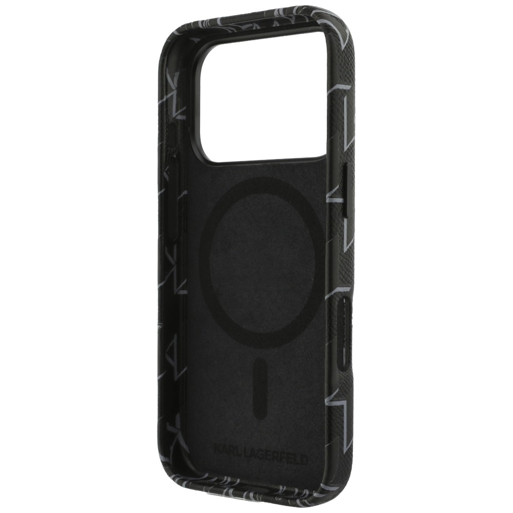 Carcasa Karl Lagerfeld Monogram cu MagSafe, neagră, pentru iPhone 17 Pro, material TPU și eco-piele