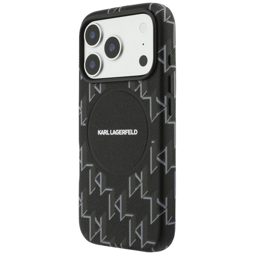 Carcasa Karl Lagerfeld Monogram cu MagSafe, neagră, pentru iPhone 17 Pro, material TPU și eco-piele