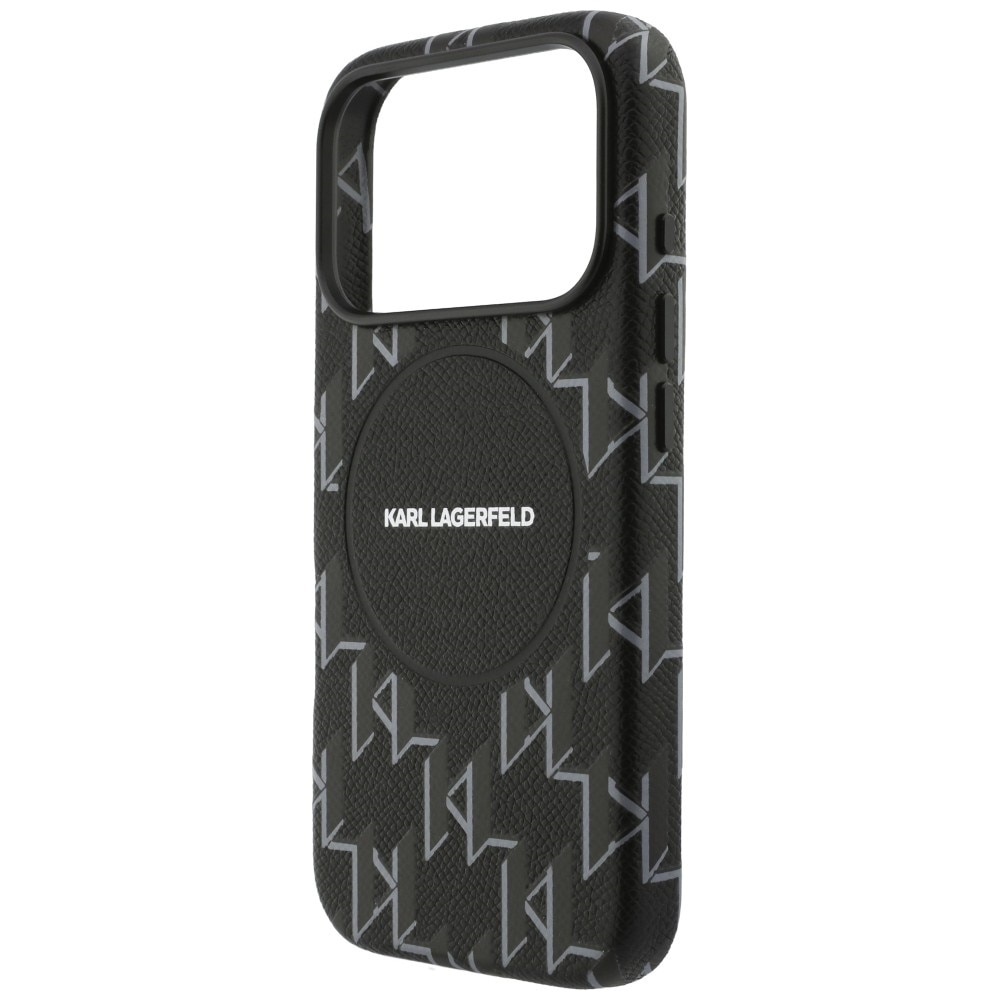 Carcasa Karl Lagerfeld Monogram cu MagSafe, neagră, pentru iPhone 17 Pro, material TPU și eco-piele