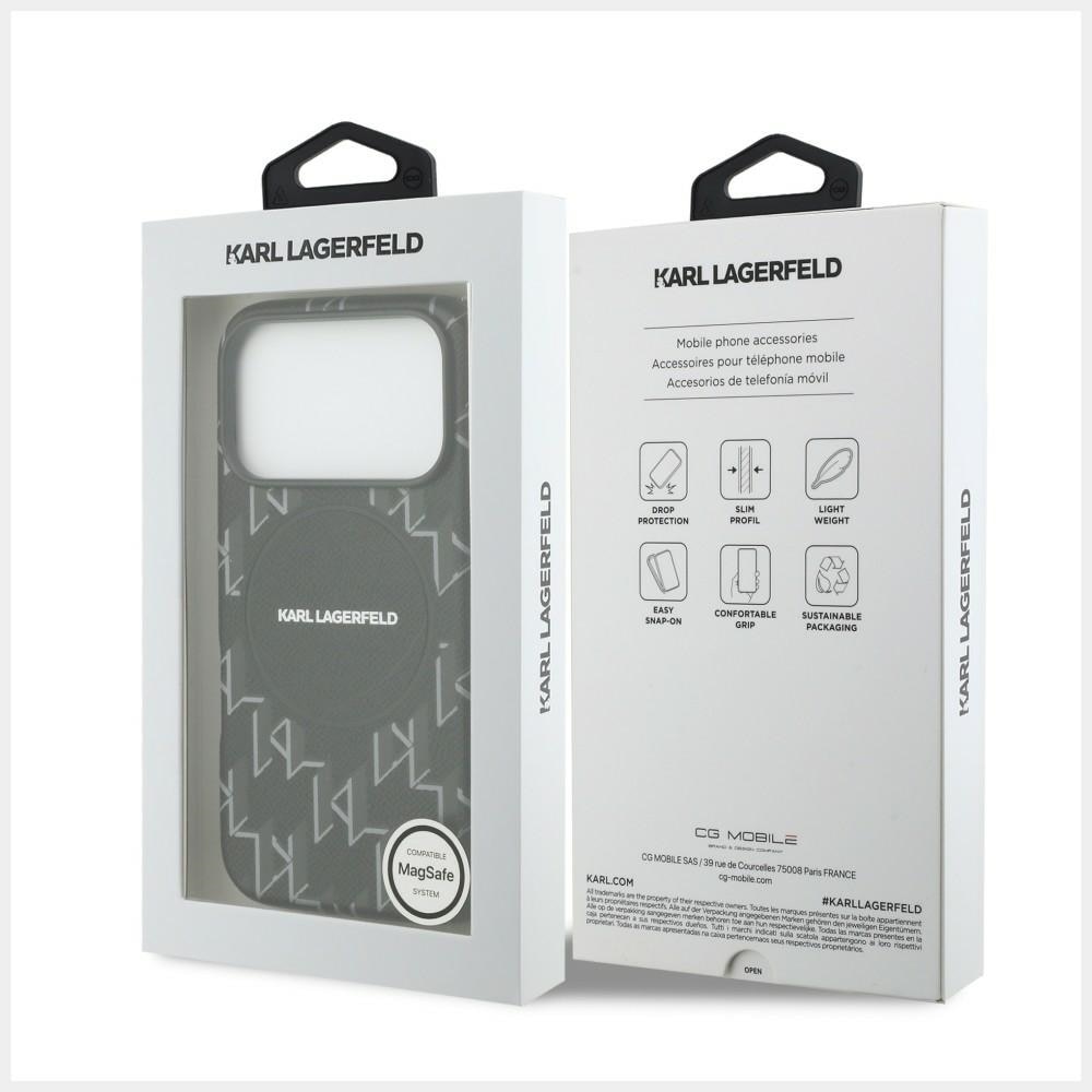 Carcasa Karl Lagerfeld Monogram cu MagSafe, neagră, pentru iPhone 17 Pro, material TPU și eco-piele
