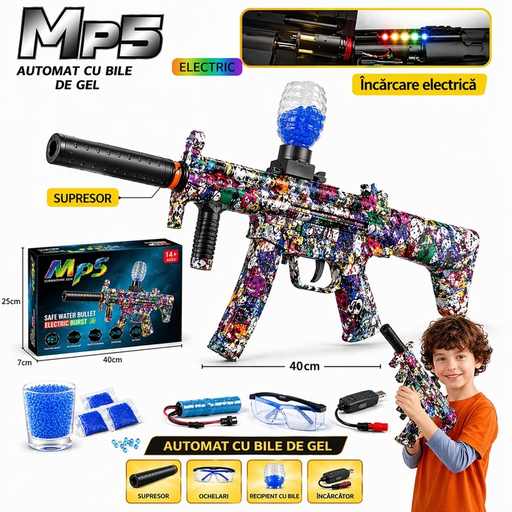 Играчка MP5 с гел топчета, 62 см, многоцветна, комплект със защитни очила, презареждаема батерия и USB кабел, включва гел топчета, оръжие, картечница, светлинни ефекти, пълни аксесоари