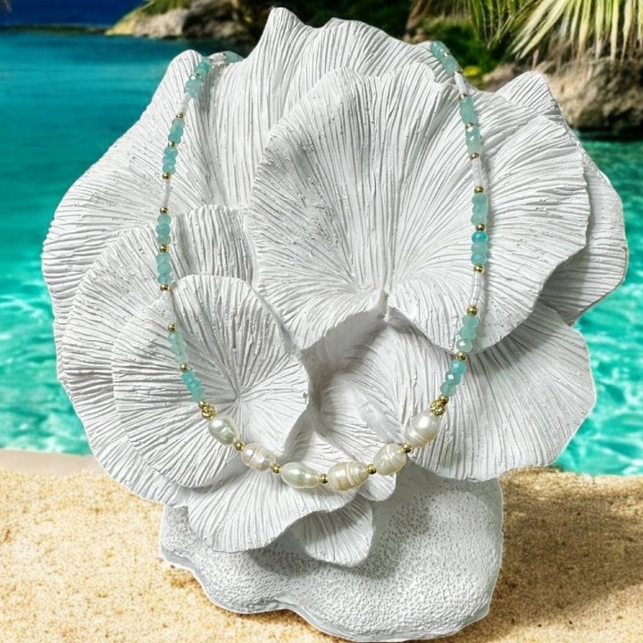 Colier choker elegant Alisa din argint si cristale de amazonit cu perle naturale si Miyuki