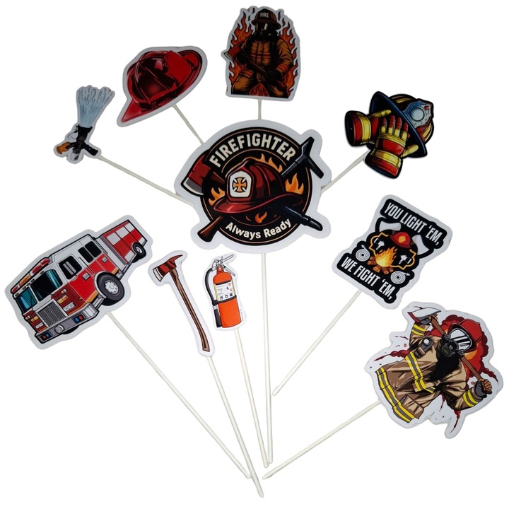 Decoratiune topper tort carton, tematica pompier, aniversare - 10 piese