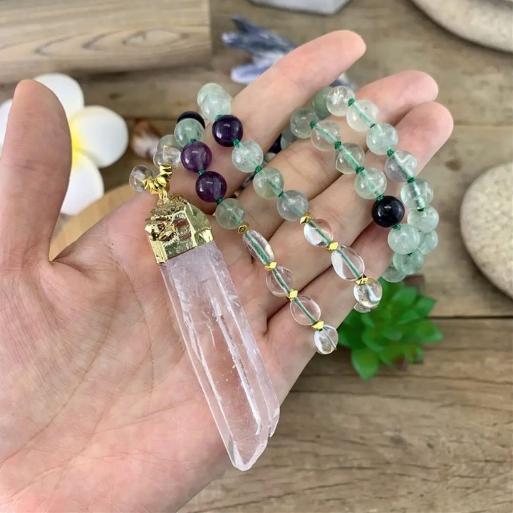 Colier Mala 108 margele din cristale de Fluorit si Cuart cu Varf de Cristal de Stanca