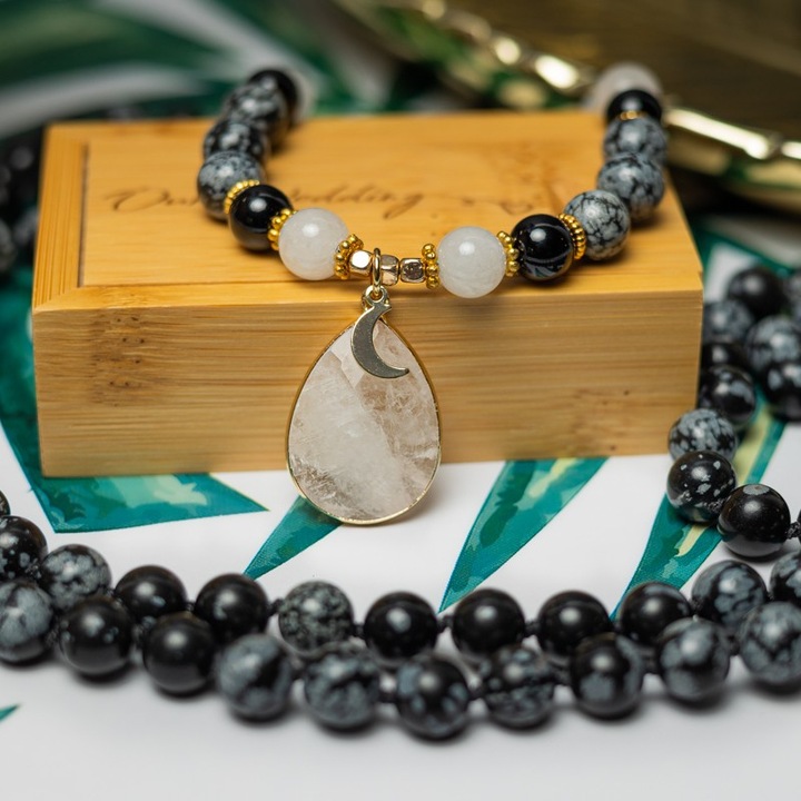 Colier pietre semipretioase Mala cu 108 margele, Zoya, din Turmalina si Obsidian cu Pandantiv Piatra Lunii