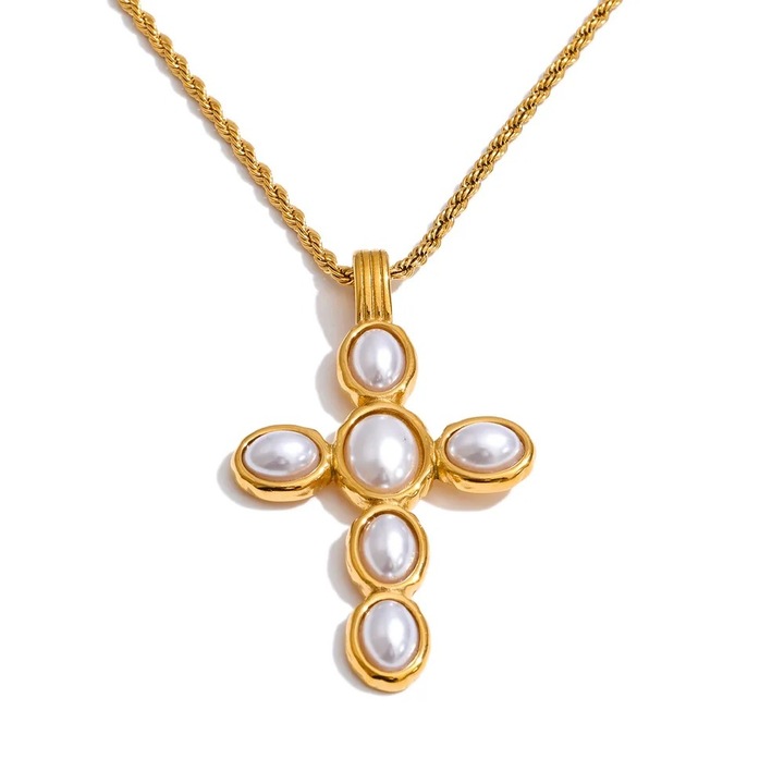 Colier Leandra, auriu, cu perle si pandativ cruce, din otel inoxidabil placat cu aur 18K - Colectia Universe of Pearls