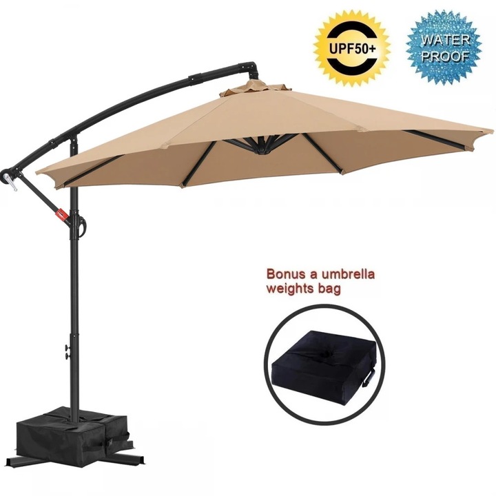 Umbrela De Gradina, TOPSCAUNE®, Umbrela Suspendata Cu Brat Lateral, Manivela, Impermeabila, Protectie UV UPF 50+, Umbrela De Gradina Cu Baza In Cruce Inclusa, BONUS Sac Greutate, Umbrela Suspendata Reglabila, Inclinare 45°, Pentru Terasa Si Gradina, Bej