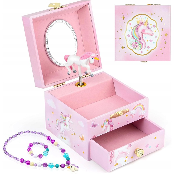 Cutie pentru bijuterii, cu muzica, unicorni, multicolor, 20x15x10cm