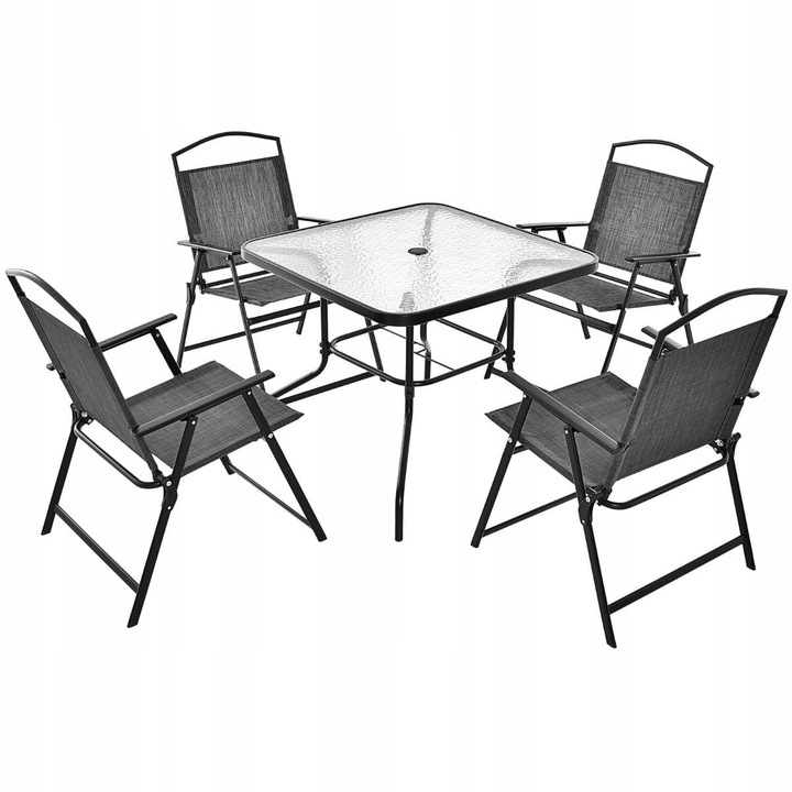 Set de mobilier gradina, 5 piese, gri, masa cu sticla securizata, scaune pliabile