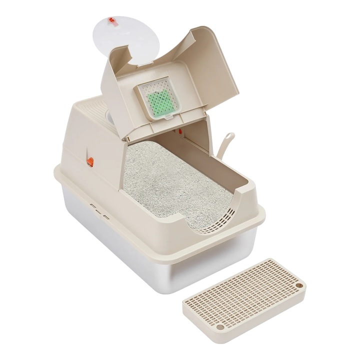 Litiere pentru pisici, design modern inchis, capacitate 28L, acces usor cu pedala, khaki, 60x40x39cm