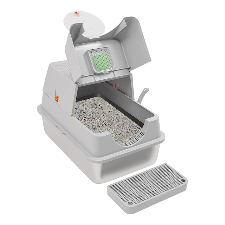 Litiere pentru pisici, design modern inchis, capacitate 28L, pedala de acces usor, gri, 60x40x39cm