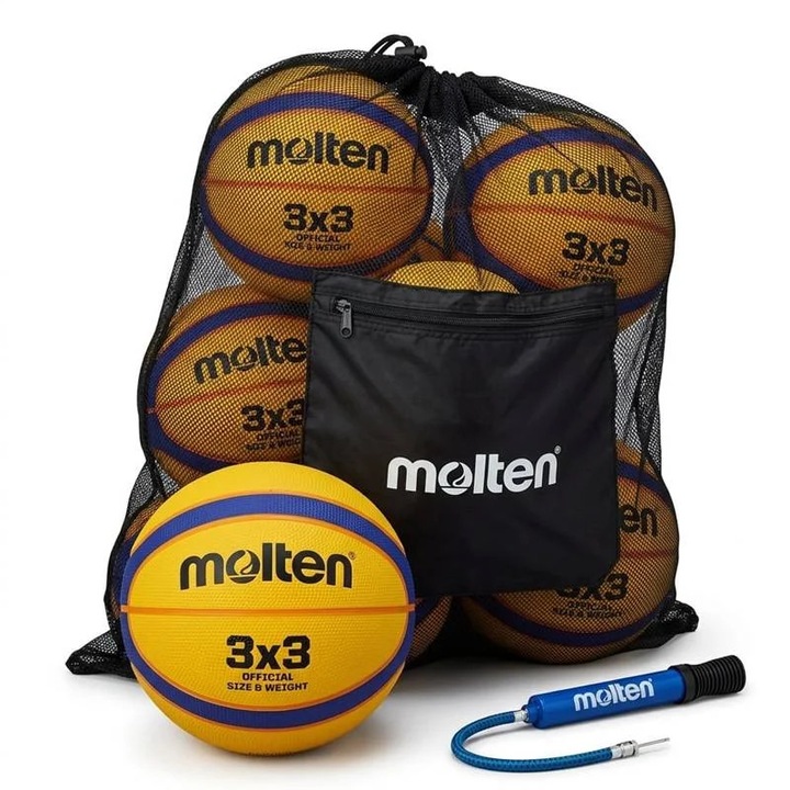 Pachet 6 mingi baschet 3x3 Molten B33T2000 + sac Molten SBP + pompa Molten