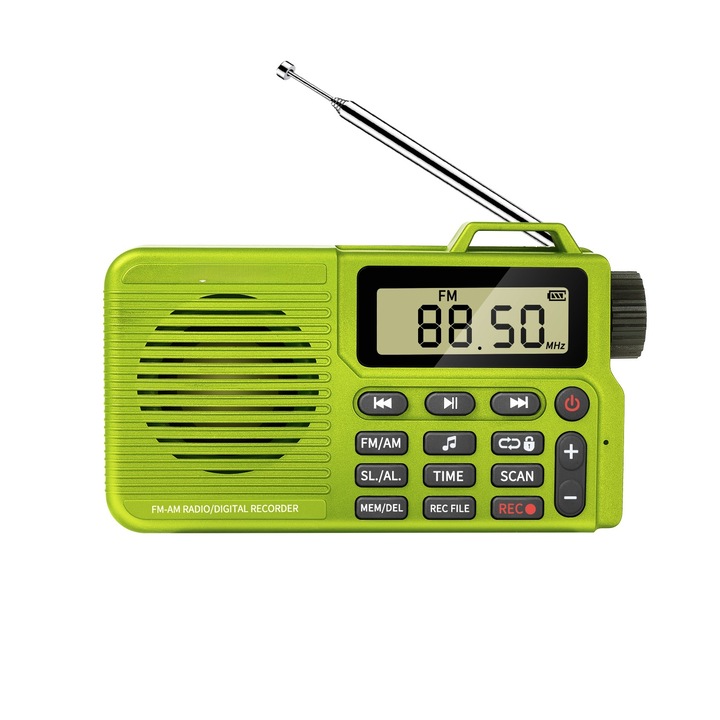 Radio portabil, doua benzi, 2000 mAh, oprire automata, afisaj digital, conexiune Bluetooth, ORBER, difuzor incorporat, accepta carduri, incarcare USB, 120 × 69 × 27 mm, ABS, verde