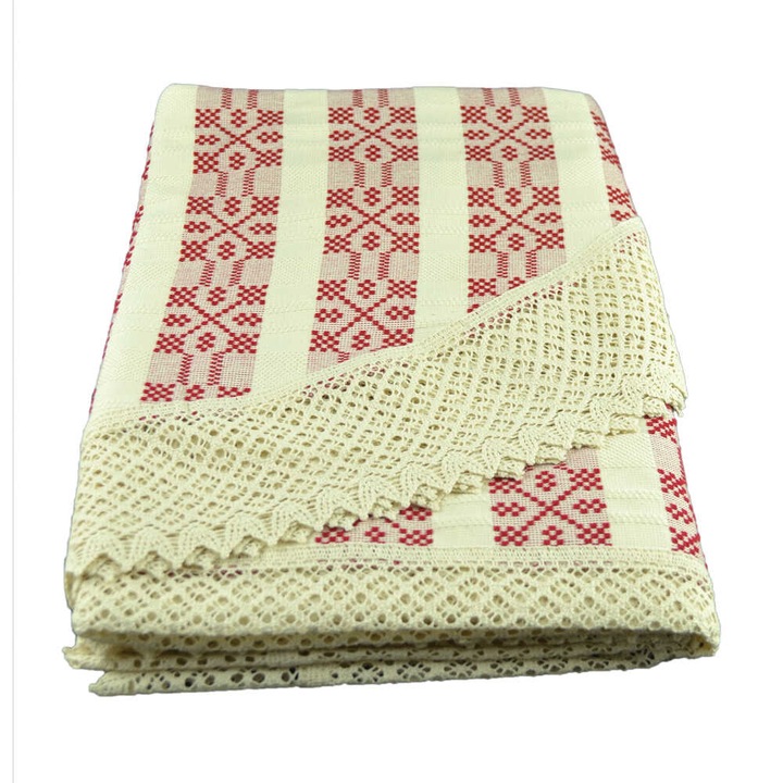 Fata de masa artizanat oval 220x160 CM Crem/Rosu 80 % bbc 20 % acril