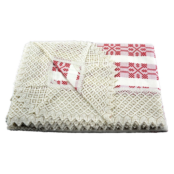 Fata de masa artizanat 220x160 CM Crem/Rosu 80 % bbc 20 % acril