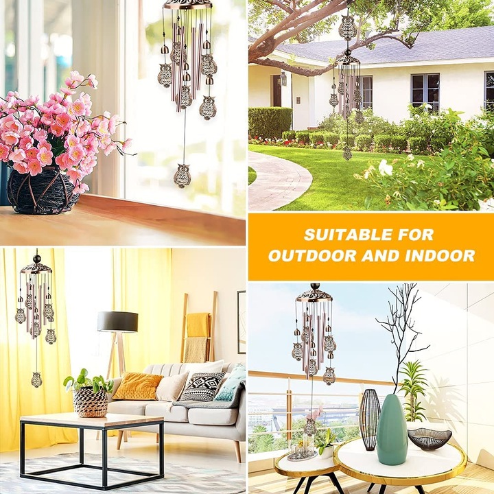 Bagoly szélcsengő, 94cm, 6 harang, 7 bagoly, többszínű, dekoratív készlet