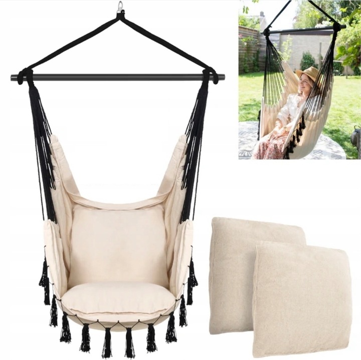 Висящ стол, 2 възглавници, органайзер, 200 кг, 100x105 см, многоцветен, бохо комплект хамак