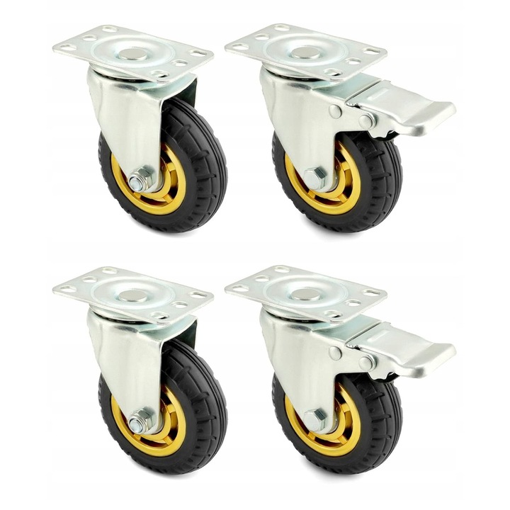 Set 4 roti industriale pivotante cu frana, 70mm, capacitate 280kg, culoare neagra