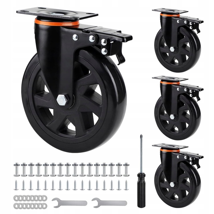 Set 4 roti industriale cu frana, 150mm, capacitate 800kg, culoare neagra