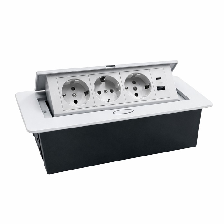 Priza Incorporabila in Blat Retractabila, Adsinio, 3 Schuko, 1 USB-A, 1 USB-C, Curent Nominal 16A, Alb