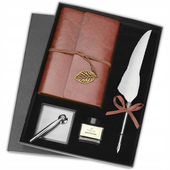 Set elegant de notite din piele si stilou cu cerneala, CLEARLY, retro, maro, 18.5x14.5cm