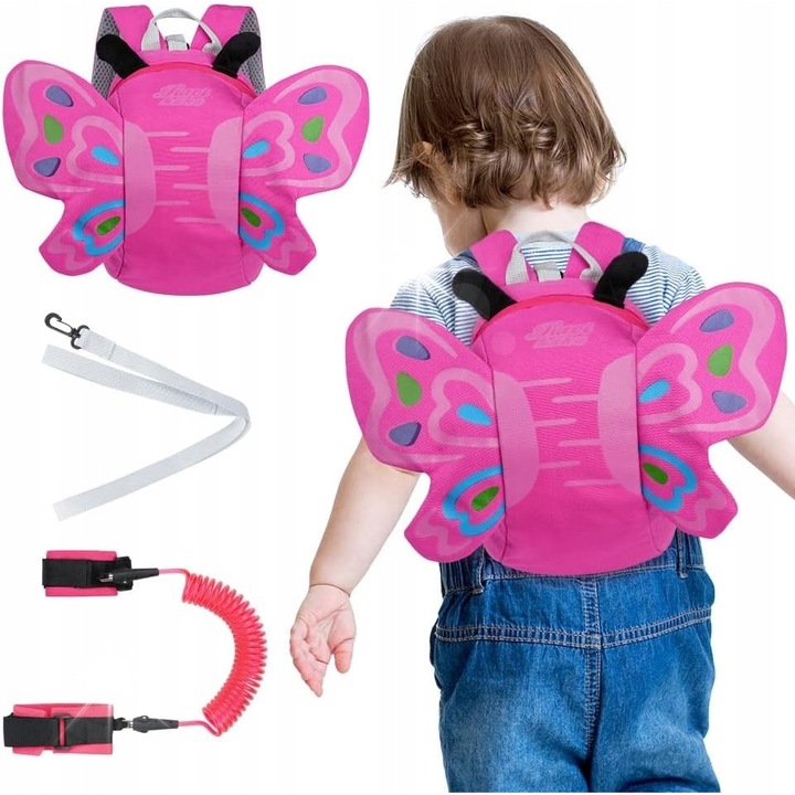 Rucsac pentru copii cu hamuri de siguranta, model fluturi, roz, 18x23x13cm