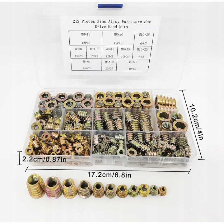 Mufa dublu-gaurita pentru lemn, set 212 bucati, dimensiuni M4/M5/M6/M8/M10, metal, auriu
