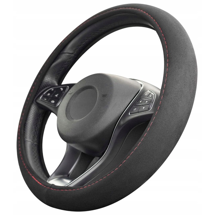 Husa volan Upgrade4Cars Alcantara 38 cm, design sportiv, rosu, rezistent la apa, antiderapant