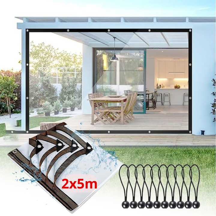 Prelata transparenta de gradina pentru terasa, impermeabila, cu ochiuri, anti-UV, 2x5m