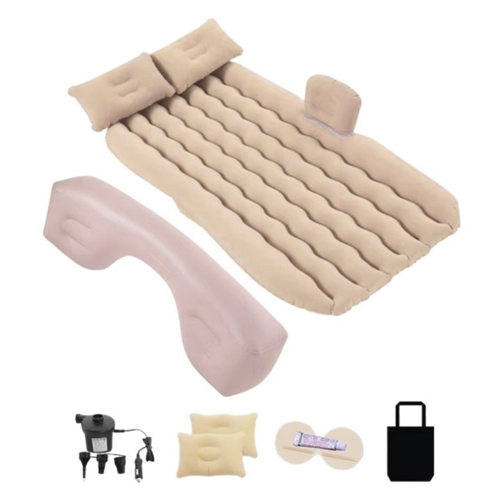 Saltea gonflabila universala, pentru calatorii si camping si pentru bancheta din spate a masinii cu pompa si perne, culoare bej
