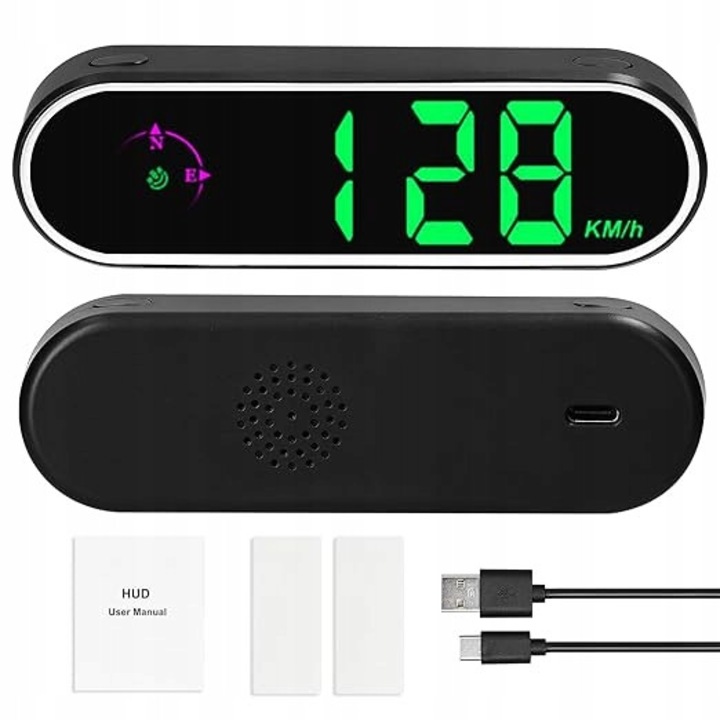 Vitezometru GPS cu afisaj LED, compas, alarma viteza, 7 culori, dimensiuni compacte