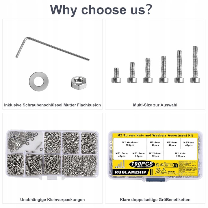 Set 700 suruburi M2 din otel inoxidabil cu piulite si rondelle, rezistente la coroziune, argintiu