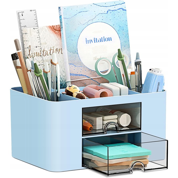 Organizer birou, Inny, suport pentru pixuri, 5 compartimente, 2 sertare, albastru