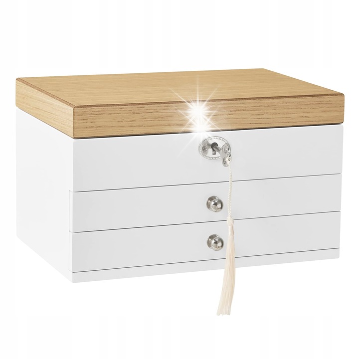 Cutie bijuterii, 3 niveluri, alb, 24,5x17x14,5cm, cu oglinda