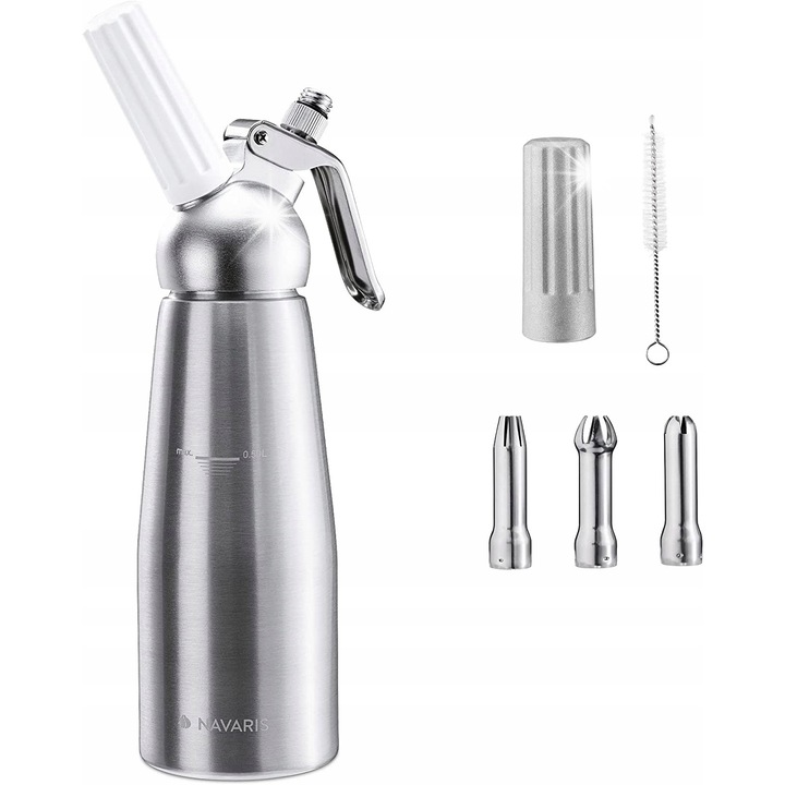 Dozator pentru smantana 500ml, 3 duze decorative, inox, set