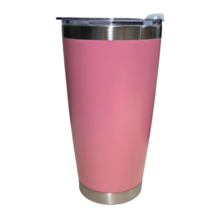 Rozsdamentes acél termosz bögre fedővel, 600 ml-es, dupla falú, vákuumszigetelésű, rózsaszín színű