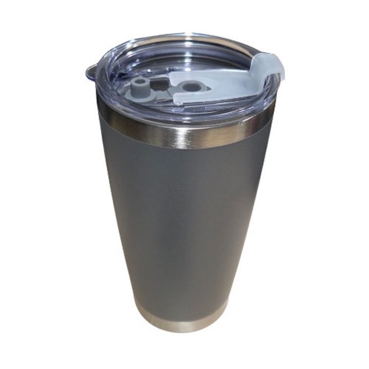 Rozsdamentes acél termobögre fedővel, 600 ml-es termosz, duplafalú, vákuumszigetelt, szürke színű