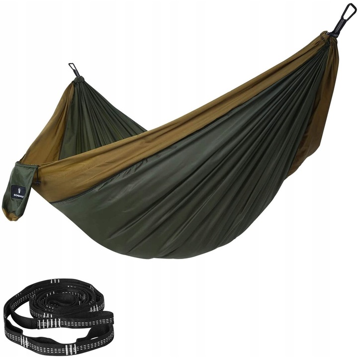 Hamac dublu, 300x200cm, nylon ripstop, 300kg, verde-maro