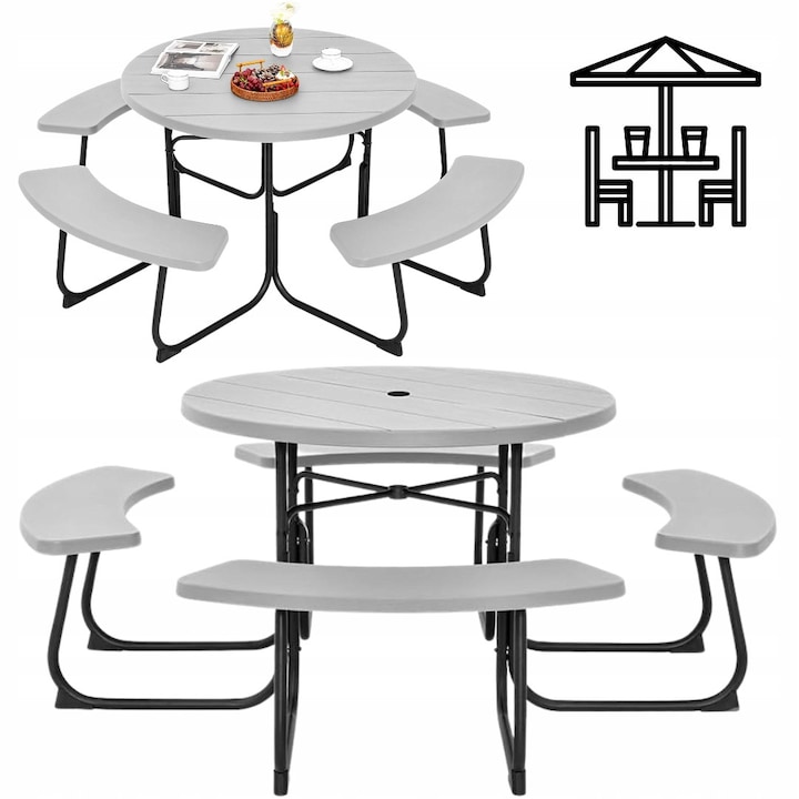 Set mobilier gradina, masa rotunda cu 4 banci, gri, 190x76cm