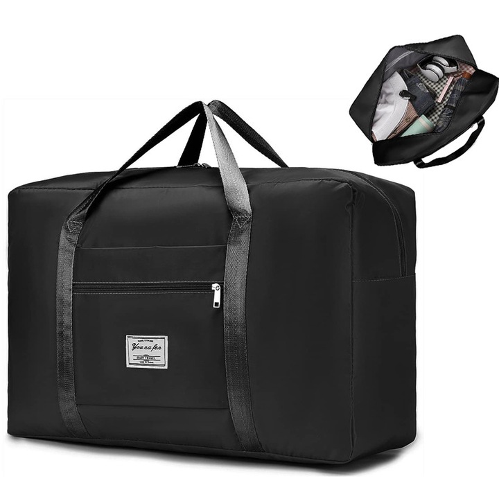 Geanta de voiaj pliabila, 55x40x20cm, capacitate 45L, neagra, pentru bagaj de cabina