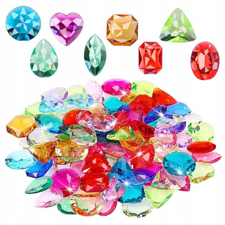 Set 64 pietre acrilice colorate pentru decorare, diverse forme, transparent, 0,47x0,98in - 0,91x0,91in