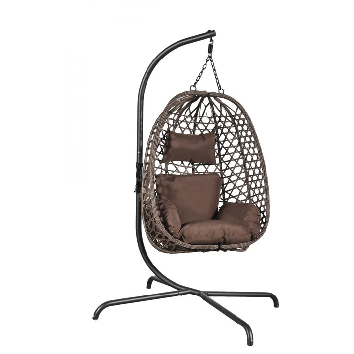 Leagan Suspendat, TOPSCAUNE®, Leagan Suspendat Tip Ou Cu Perne Moi, Fotoliu Leagan Cu Cos Pliabil Si Ratan PE, Leagan Suspendat Cu Structura Metalica Si Rezistenta UV, Pentru Interior Si Exterior, Balansoar Stabil Si Confortabil, Maro