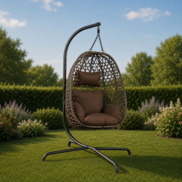 Leagan Suspendat, TOPSCAUNE®, Leagan Suspendat Tip Ou Cu Perne Moi, Fotoliu Leagan Cu Cos Pliabil Si Ratan PE, Leagan Suspendat Cu Structura Metalica Si Rezistenta UV, Pentru Interior Si Exterior, Balansoar Stabil Si Confortabil, Maro
