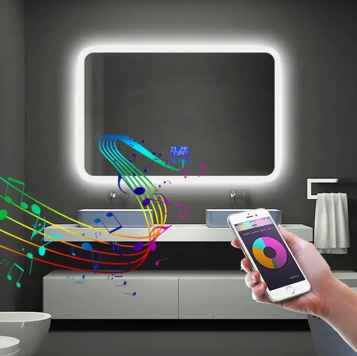 Oglinda baie inteligenta cu bluetooth, touch screen, 3 lumini, anti aburire, afisaj temperatura si ora, 500 pe 700 mm