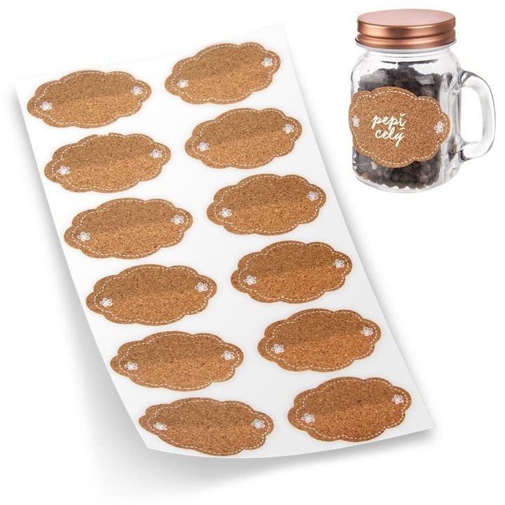 Set 12 etichete autoadezive din pluta, 5,8x4cm, pentru borcane si sticle, maro