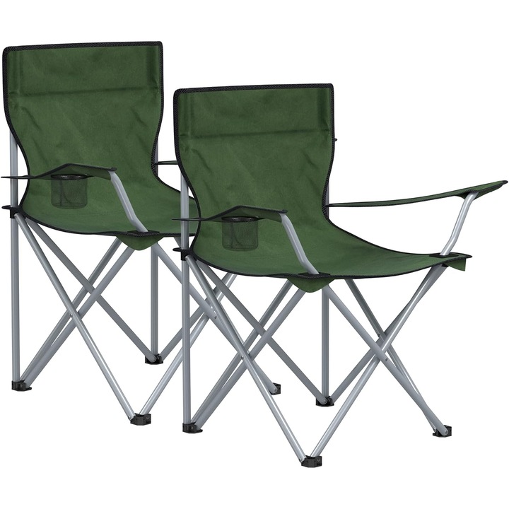 SONGMICS Set 2 scaune pliabile camping cu suport bauturi, 52x84x81 cm, 120 kg, verde