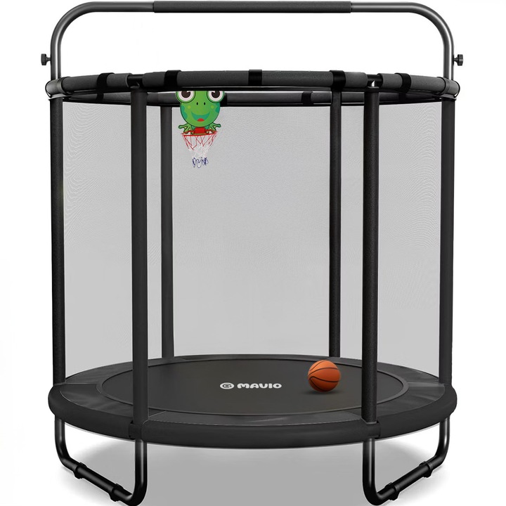 Trambulina pentru Copii Mavio®, 140 cm, Interior/Exterior, cu Bara de Sustinere, Cos si Minge de Baschet Incluse, Plasa de Protectie Interioara, Cadru din Otel Galvanizat, Design Anti-Cadere, Capacitate 45 kg, Sigura si Stabila